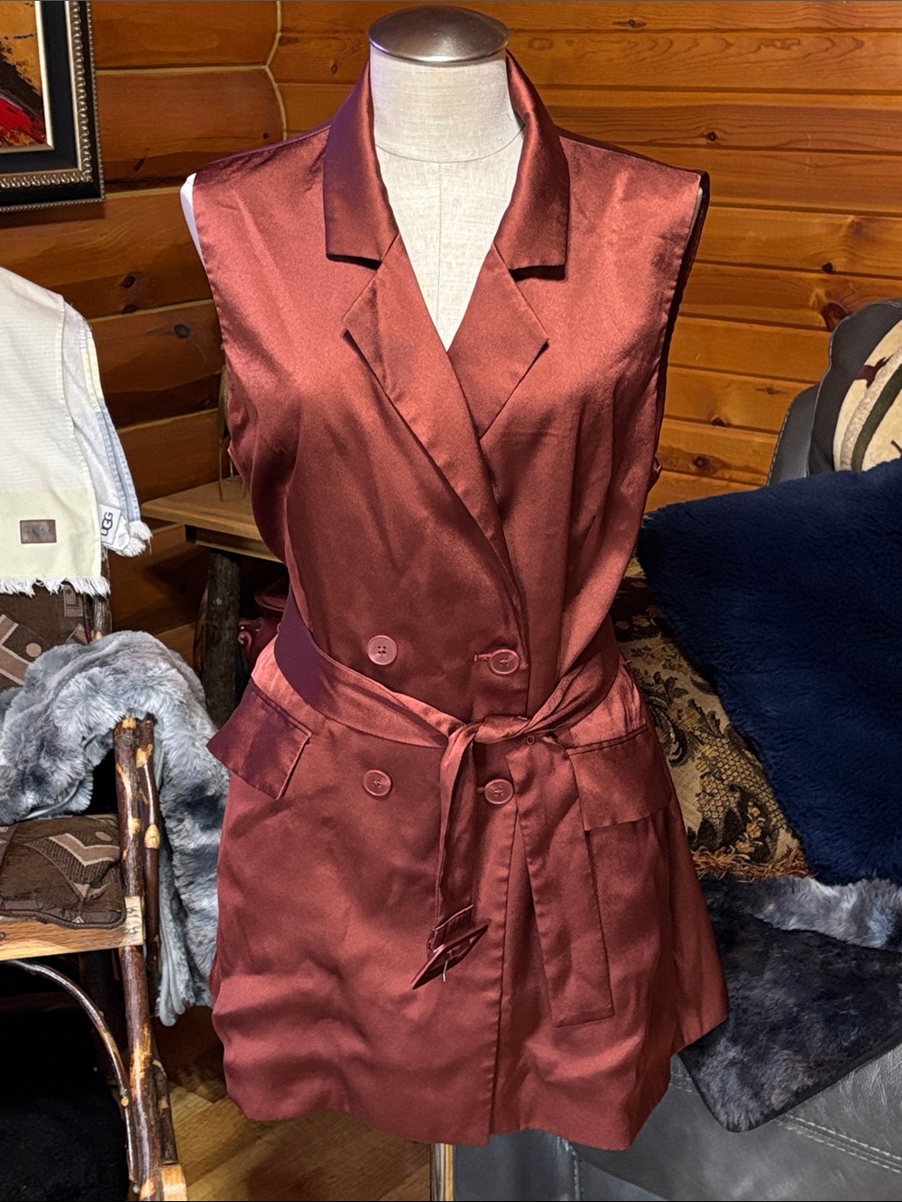 Express Satin Sleeveless Double Breasted Vest Dress- Rust Brown
